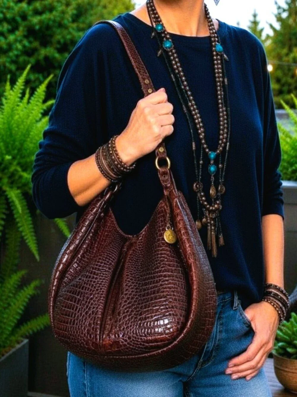 Brahmin Annie Truffle Melbourne Bordeaux Croc Crescent Hobo Shoulder Bag